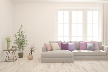 White living room with sofa. Scandinavian interior design. 3D illustration