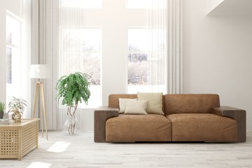 White living room with sofa and winter landscape in window. Scandinavian interior design. 3D illustration
