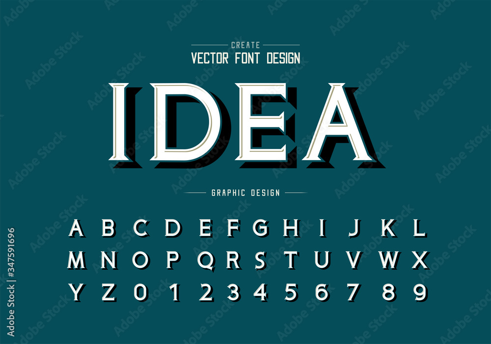 Poster black shadow font and alphabet vector, idea typeface letter and number design, graphic text on backg