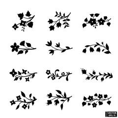 Set of black silhouette flowers. Meadow wild plants.
