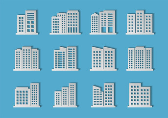 Paper cut company icons set on white background, Building vector collection, Isolated business illustration, Architecture modern origami design