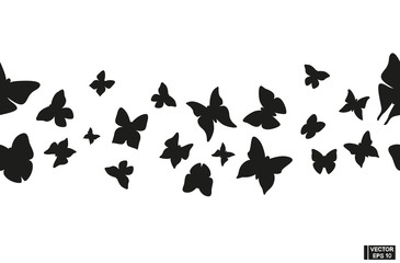 Naklejka na ściany i meble Seamless pattern black flying butterfly silhouette on white background.