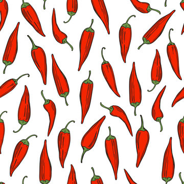 Hand drawn chili peppers on white background.Vector seamless pattern.