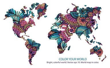 World map of colorful flowers. The outline of the world on a white background.
Countries and continents. Stock vector.