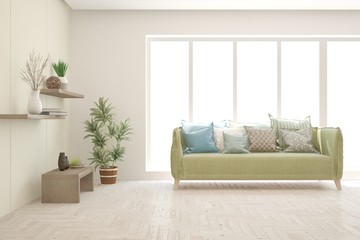 White living room with sofa. Scandinavian interior design. 3D illustration