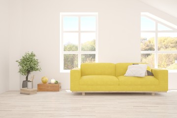White living room with sofa. Scandinavian interior design. 3D illustration