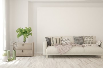 Naklejka premium White living room with sofa. Scandinavian interior design. 3D illustration