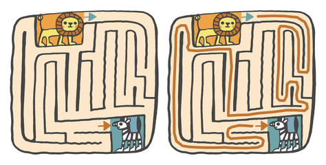 from the lion to the zebra, easy maze, funny labyrinth,