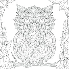 Fototapeta premium Owl sits on a branch, and around leaves.Coloring book antistress for children and adults. Illustration isolated on white background.Zen-tangle style. Black and white drawing.