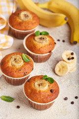 Banana muffins with chocolate drops. Delicious homemade sweet dessert