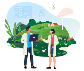 Vector Illustration of smart farm, ranch, farming, farming. Diagnostics of the state of wheat and rapeseed crops with the help of high technology and innovation. Concept
