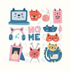 Cat. Animal character. Work at home, coworking space, concept vector illustration. For poster design, kids print, greeting card, social media post, cards, textile. Scandinavian style.