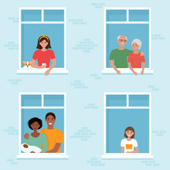 House facade with windows. People look from windows. Social isolation during pandemic coronavirus. Vector illustration in flat style