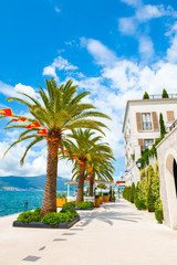 Beautiful sea promenade in Tivat, Montenegro. Kotor bay, Adriatic sea. Famous travel destination.