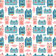 Work at home. Vector seamless pattern design. Cute and funny cats isolated on the white background. Trendy animals in caps and glasses. Creative childish pink texture. Great for fabric, textile.