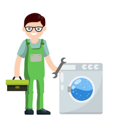 Plumber repairs washing machine. Breakdown of household appliances. Toolbox in hand. Problem with Laundry. Worker with a wrench, tool. Service and fix