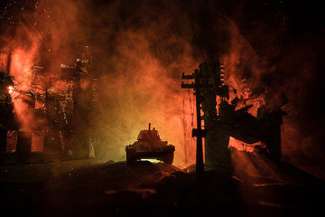War Concept. Military silhouettes fighting scene on war fog sky background, World War Soldiers...