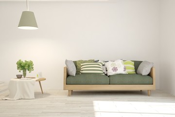 White living room with sofa. Scandinavian interior design. 3D illustration