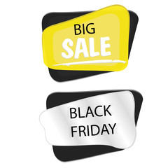Big, exclusive sale, black friday.Special offer low prices.Yellow and metal advertising icon for promoting retail business, attracting customers. Selling various goods for a limited time.Vector.