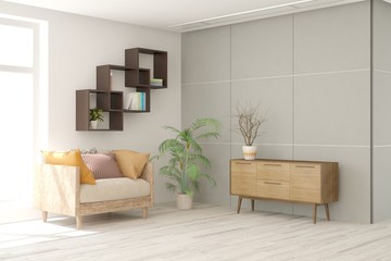 White living room with armchair. Scandinavian interior design. 3D illustration