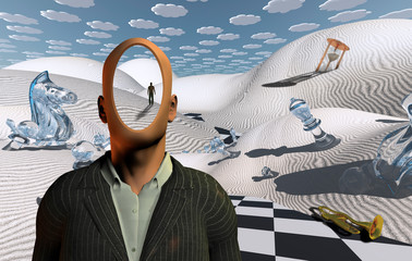 Surreal desert with chess figures, hourglass and trumpet. Faceless man in suit. Figure of man in a distance.