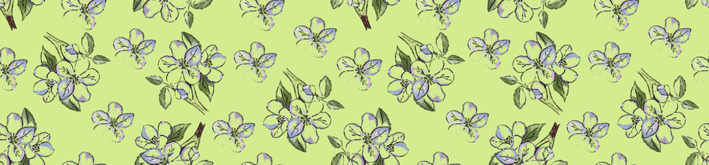 Watercolor seamless curb flowers on light green background.