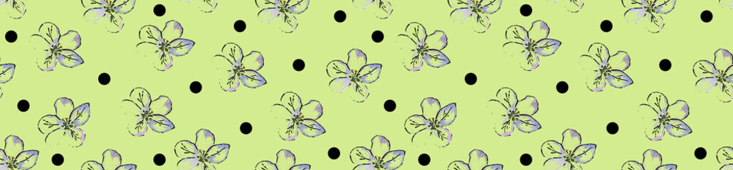 Watercolor seamless curb flowers and black dots on light green background.