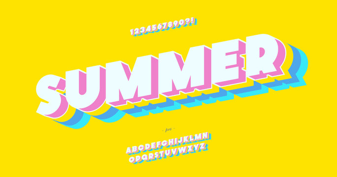 Vector summer font 3d bold color style modern typography for decoration, logo, poster, t shirt, book, card, sale banner, printing on fabric, industrial. Cool typeface. Trendy fun alphabet. 10 eps
