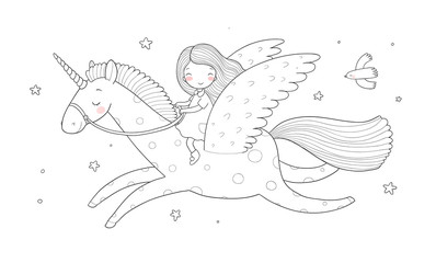 Cute cartoon girl flies on a pegasus. Princess and unicorn