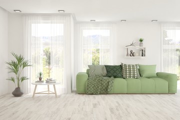 White living room with sofa. Scandinavian interior design. 3D illustration