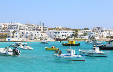 Fototapeta na wymiar scenery of Ano Koufonisi island Cyclades Greece - traditional fishing boats at the harbor 