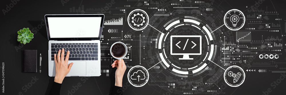 Poster web development concept with person using a laptop computer