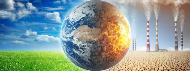 Earth on a background of grass and clouds versus a ruined Earth on a background of a dead desert with Smoking chimneys of industrial enterprises. Concept on ecology, global warming etc.