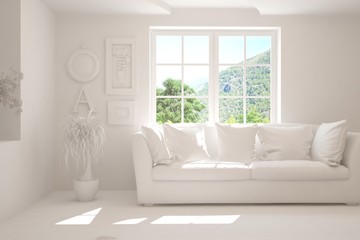 White living room with sofa and summer landscape in window. Scandinavian interior design. 3D illustration