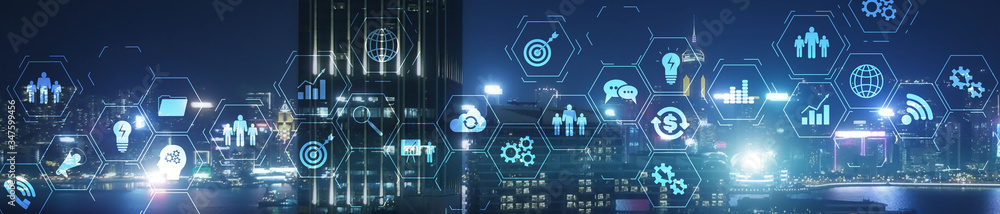 Poster erp enterprise resource planning system on virtual screen with connections between business intellig