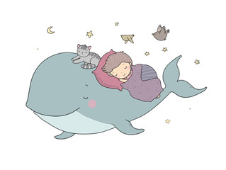 Cute cartoon boy and whale. Good night. time to sleep. Coloring page