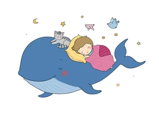 Foto op Canvas Cute cartoon boy and whale. Good night. time to sleep. Coloring page © Natallia_Chatkova