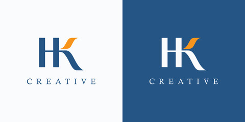 Initial Letter H and K Linked Logo. Blue and Yellow Lettering Calligraphy Style. Usable for Business, Beauty and Fashion Logos. Flat Vector Logo Design Template Element.