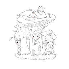 Cute cartoon gnomes, mushroom house and frog. Forest magic elves