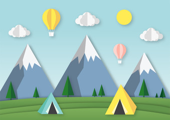 summer camping paper art style. vector Illustration.
