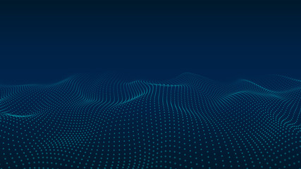 Abstract background of moving particles. Futuristic dotted 3D wave. Big data. Vector illustration.