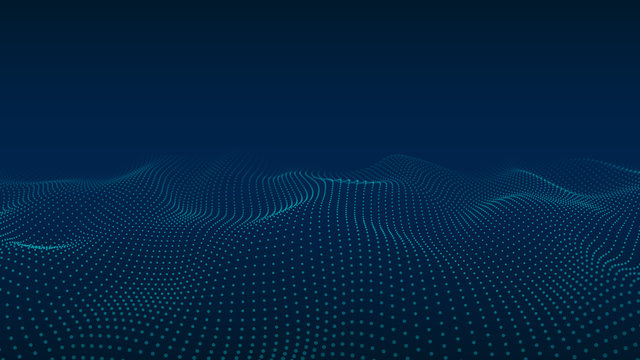 Abstract Background Of Moving Particles. Futuristic Dotted 3D Wave. Big Data. Vector Illustration.