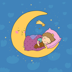 The little prince is sleeping on the moon. Cute cartoon boy in bed - 347600601