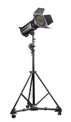 Photography studio flash on a lighting stand isolated on white background.