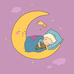 The little prince is sleeping on the moon. Cute cartoon boy in bed