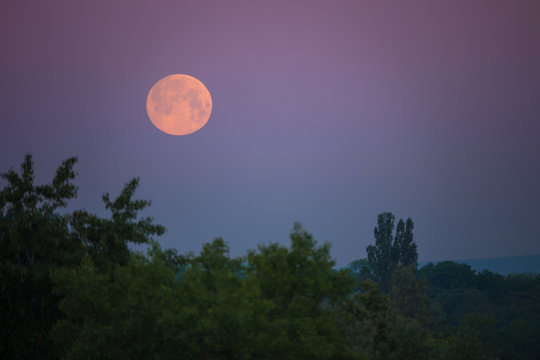 Moonset at dawn photographed from Mannheim in Germany.