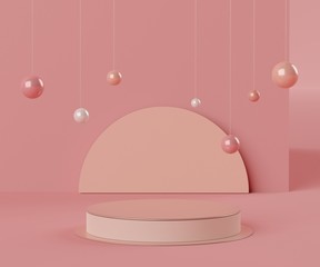 3d abstract minimalist geometric forms. Pink coral luxury podium display for your design. Fashion show stage,pedestal, shopfront with colorful theme.