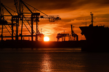 Fototapeta na wymiar Profile of a large ship and container cranes at sunset.