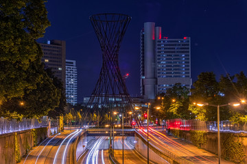 The Effnerplatz in Munich, bavaria at night as long exposure and much traffic at the streets.