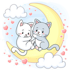 Obraz premium cute little kittens sitting on the moon surrounded by pink hearts